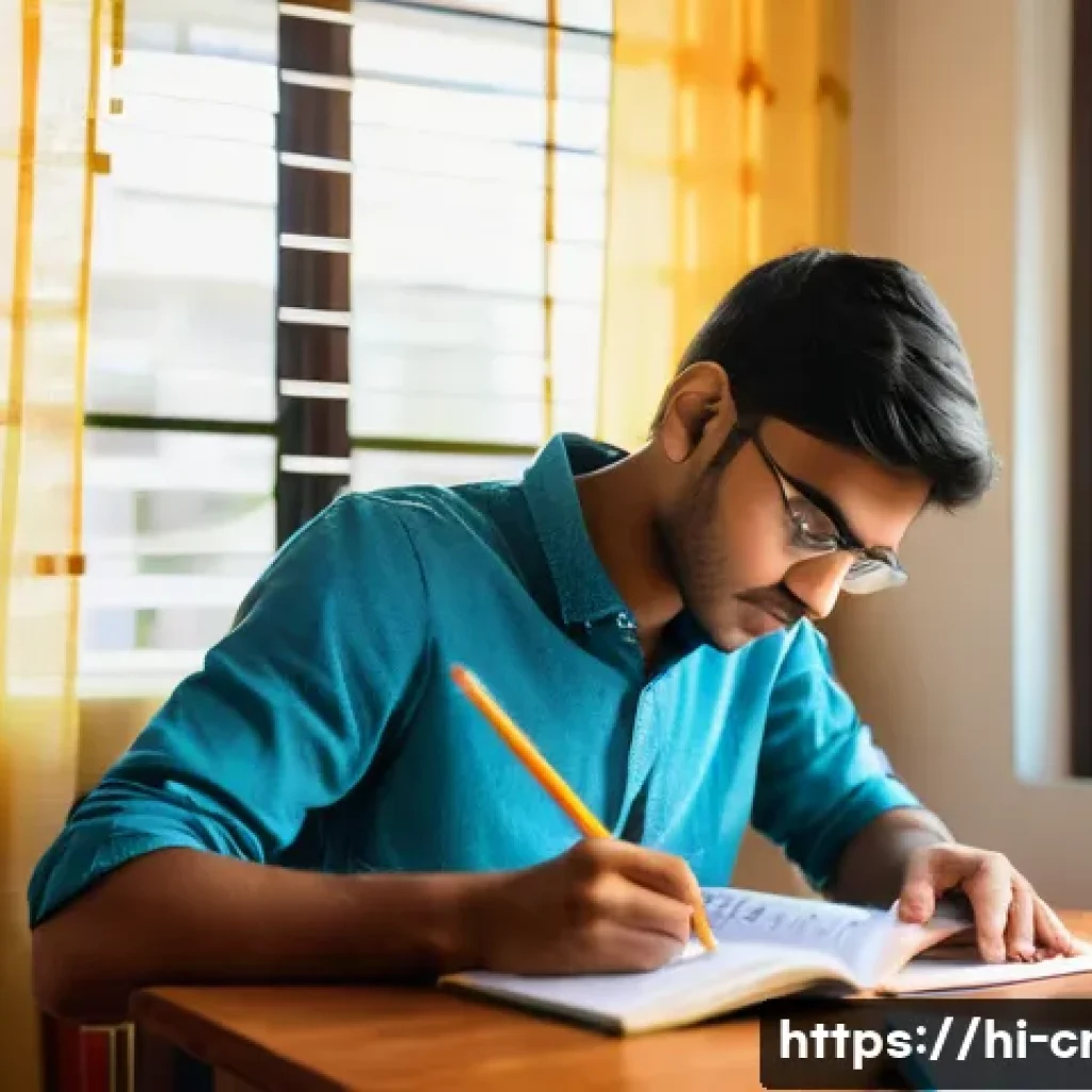 신용분석사 시험 합격 후기 - A focused Indian student studying at a wooden desk in a bright, cozy room during early morning hours...