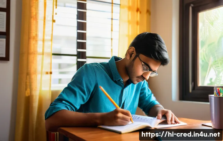 신용분석사 시험 합격 후기 - A focused Indian student studying at a wooden desk in a bright, cozy room during early morning hours...