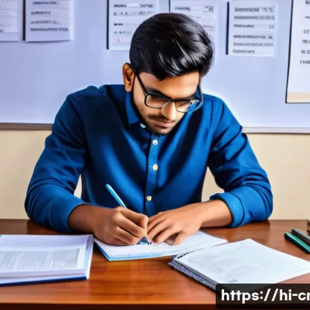 신용분석사 자격증 시험 날짜 및 일정 - A focused young Indian man studying at a wooden desk with a laptop, textbooks, and notes spread arou...