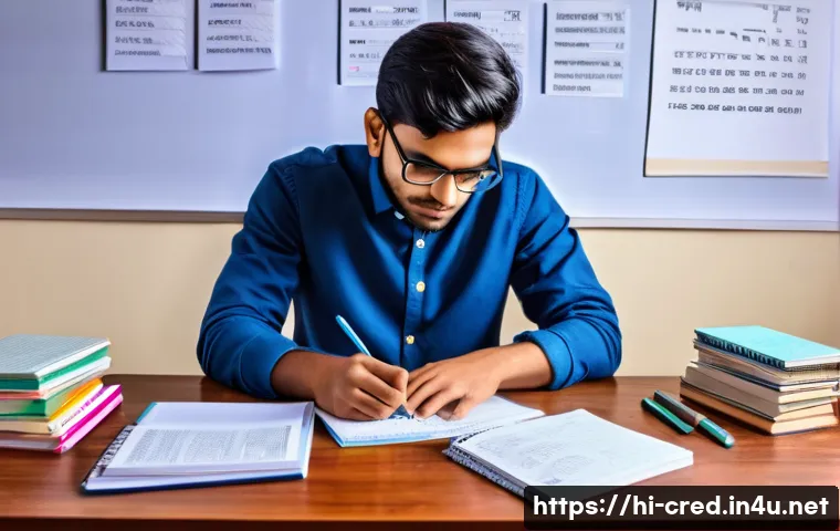 신용분석사 자격증 시험 날짜 및 일정 - A focused young Indian man studying at a wooden desk with a laptop, textbooks, and notes spread arou...