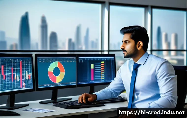 신용분석사 연봉 동향 2025 - A professional Indian credit analyst working in a modern financial office in Mumbai, surrounded by m...