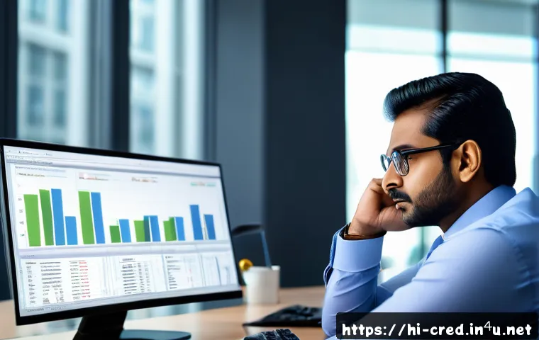 신용분석사로서 성장하는 법 - A professional Indian credit analyst in a modern office setting, analyzing detailed financial report...