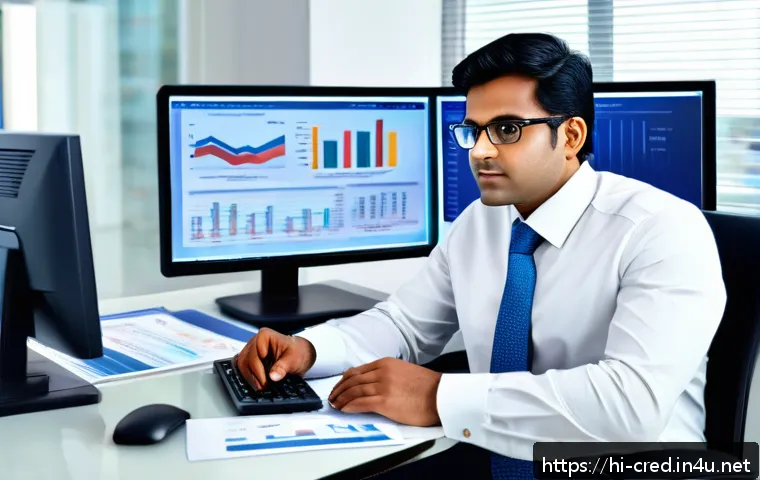 신용분석사 직무 적합성 테스트 - A professional Indian credit analyst sitting at a modern office desk, deeply focused on analyzing fi...
