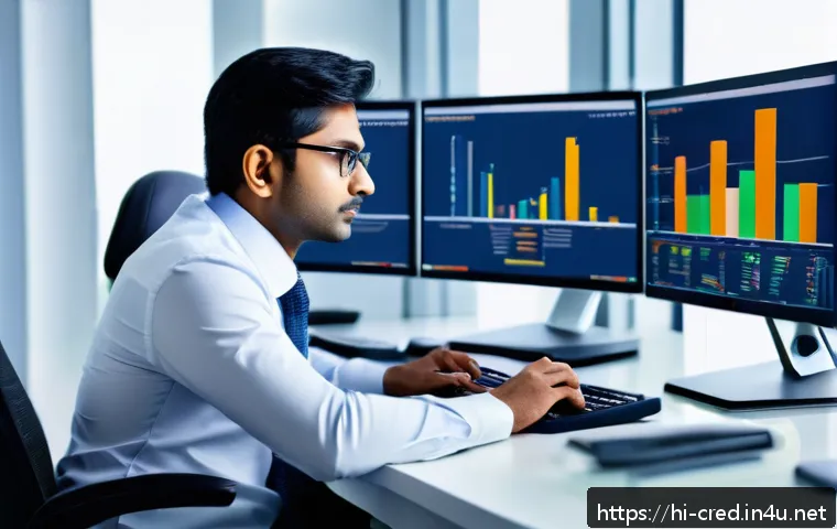 신용분석사 자격증 취득 후 투자 가능성 - A professional Indian credit analyst in a modern office setting, analyzing complex financial data on...