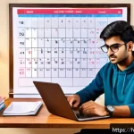 신용분석사 실기 시험 준비법 - A focused Indian male student in his early 20s studying at a wooden desk with a laptop, textbooks, a...