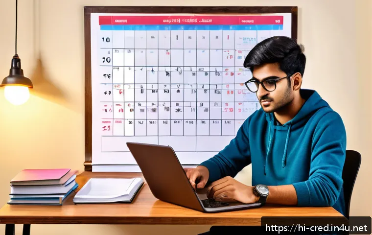 신용분석사 실기 시험 준비법 - A focused Indian male student in his early 20s studying at a wooden desk with a laptop, textbooks, a...