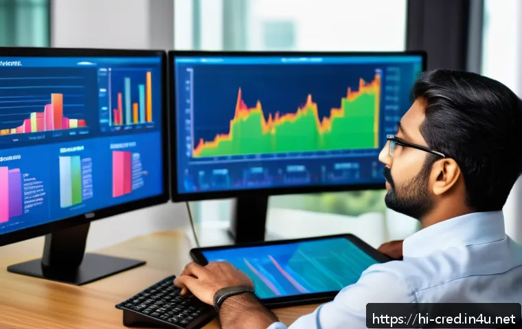 신용분석사 실무에서의 데이터 분석 활용 - A modern Indian financial analyst in a professional office setting, analyzing large digital data das...